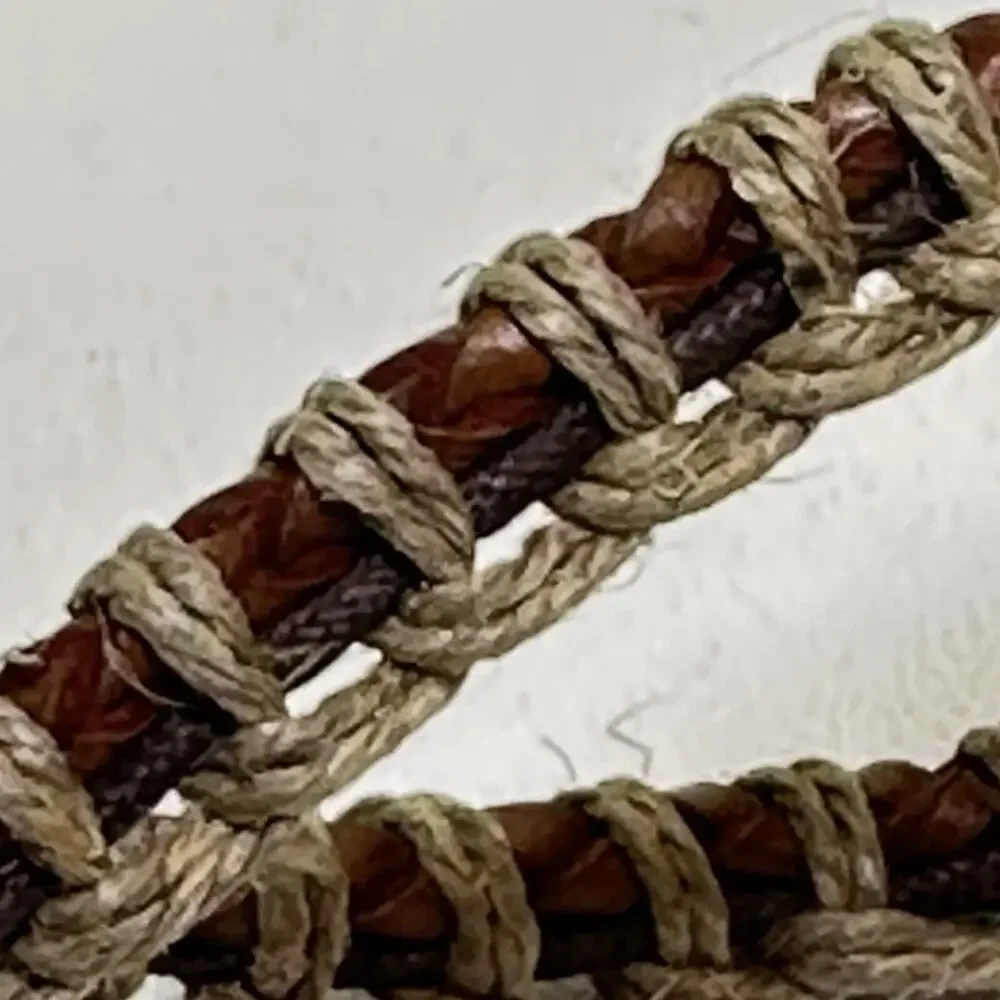 Vtg Jute Leather Loop Beaded Bracelet Earth Tone Brown Tan Handmade Beach Boho